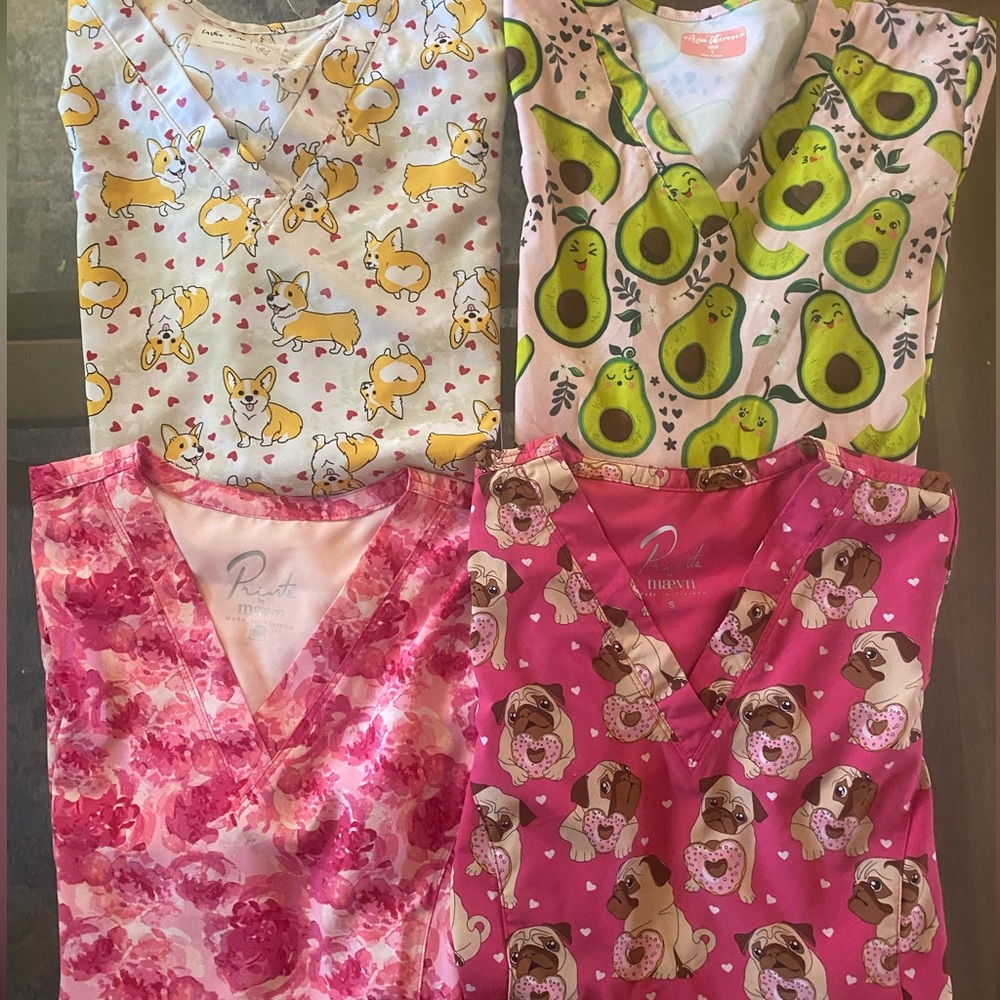Lot of 4 print size small scrub tops